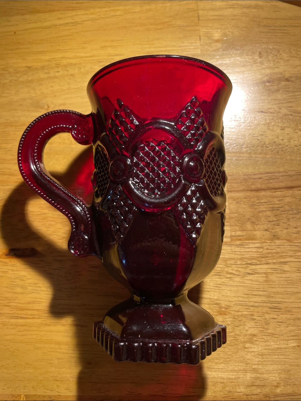 Vintage Avon Cape Cod Ruby Red Pressed Glass Mug with Patterned Medallions
